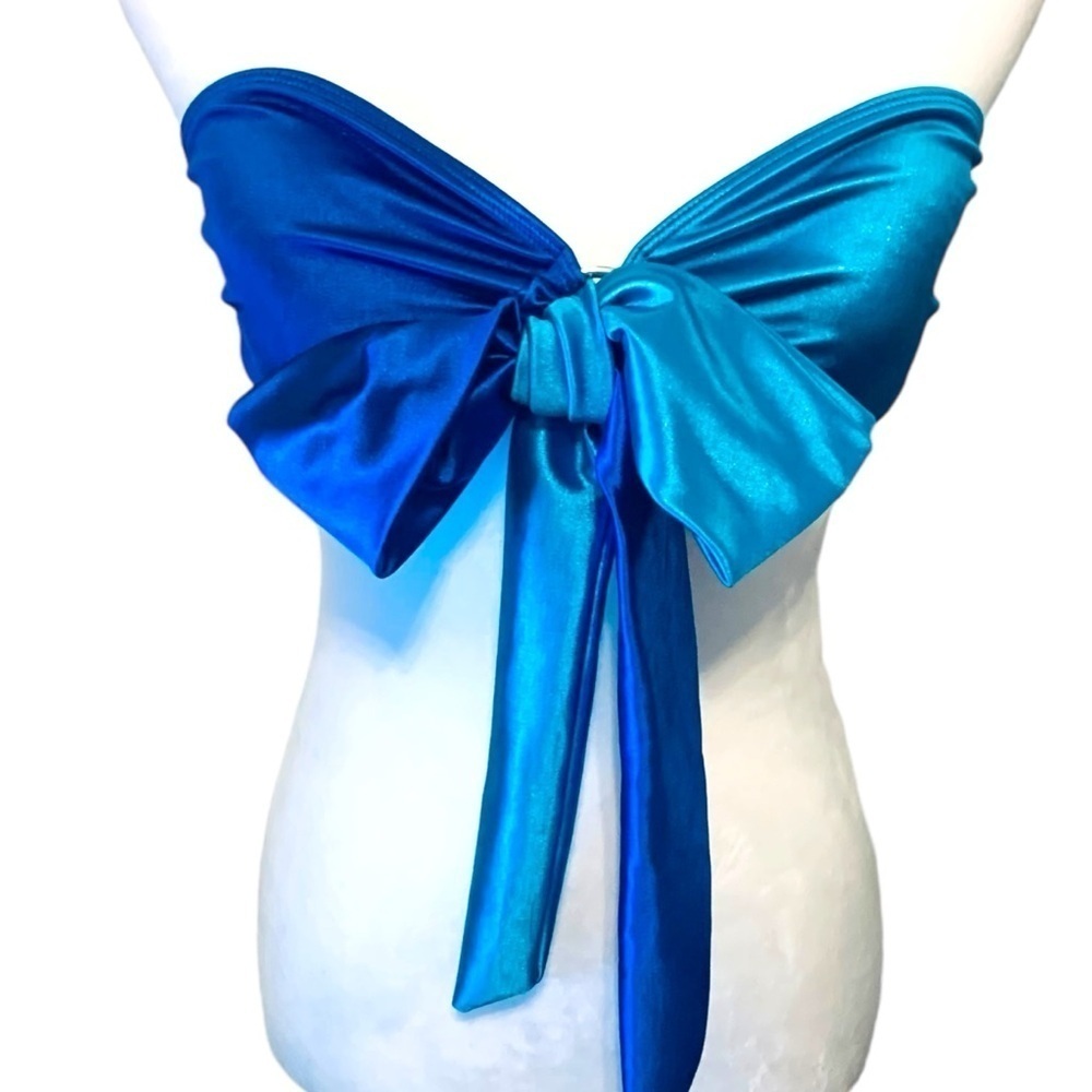 2 piece blue colorblock bikini bando top toe or front bow silver rings New M